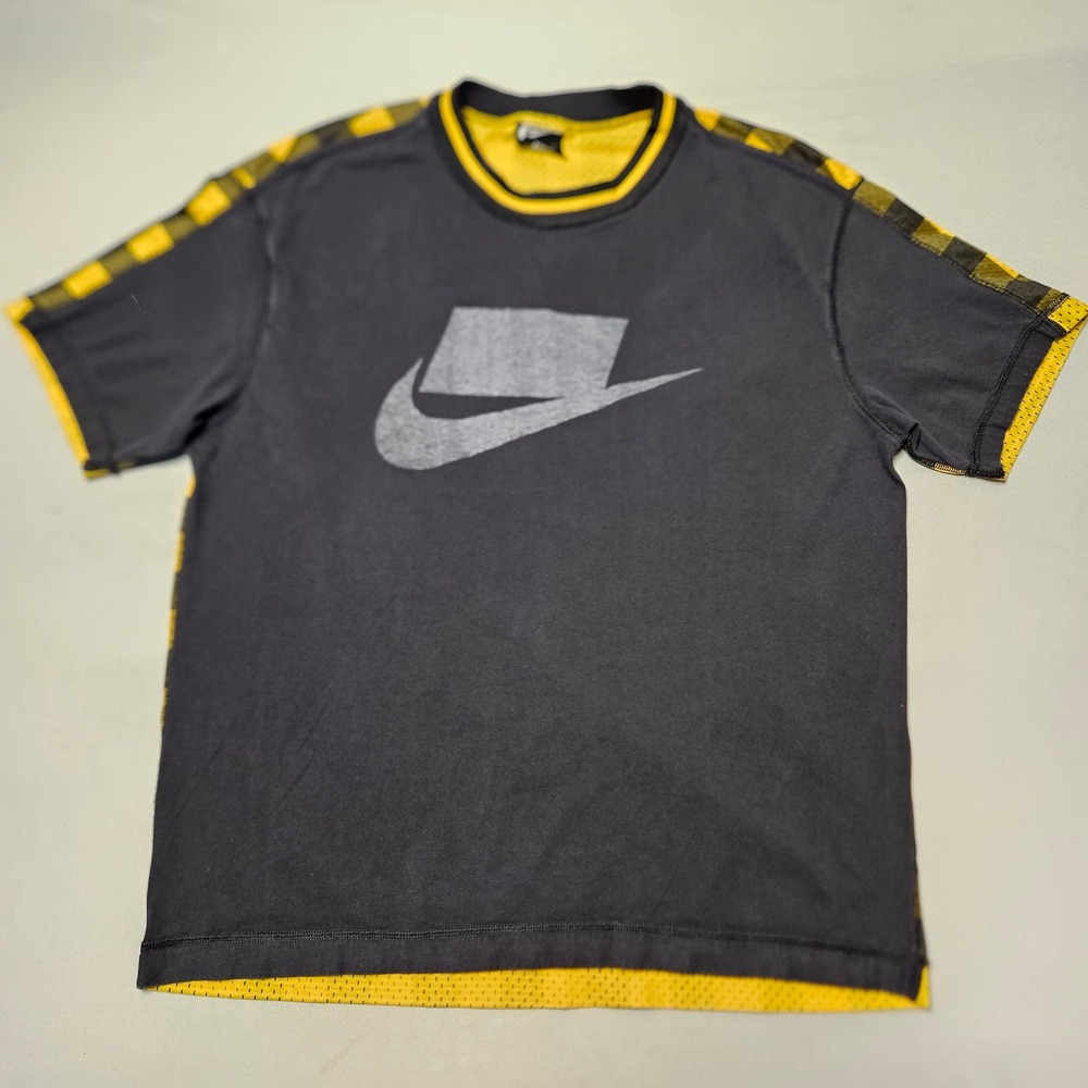 Nike T-Shirt Mens Medium Black Yellow Plaid Mesh Back Futura Logo BV4544-010